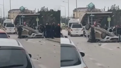 Bursa'da, sürücüsünün direksiyon hakimiyetini kaybetmesi sonucu bir otomobil takla attı.