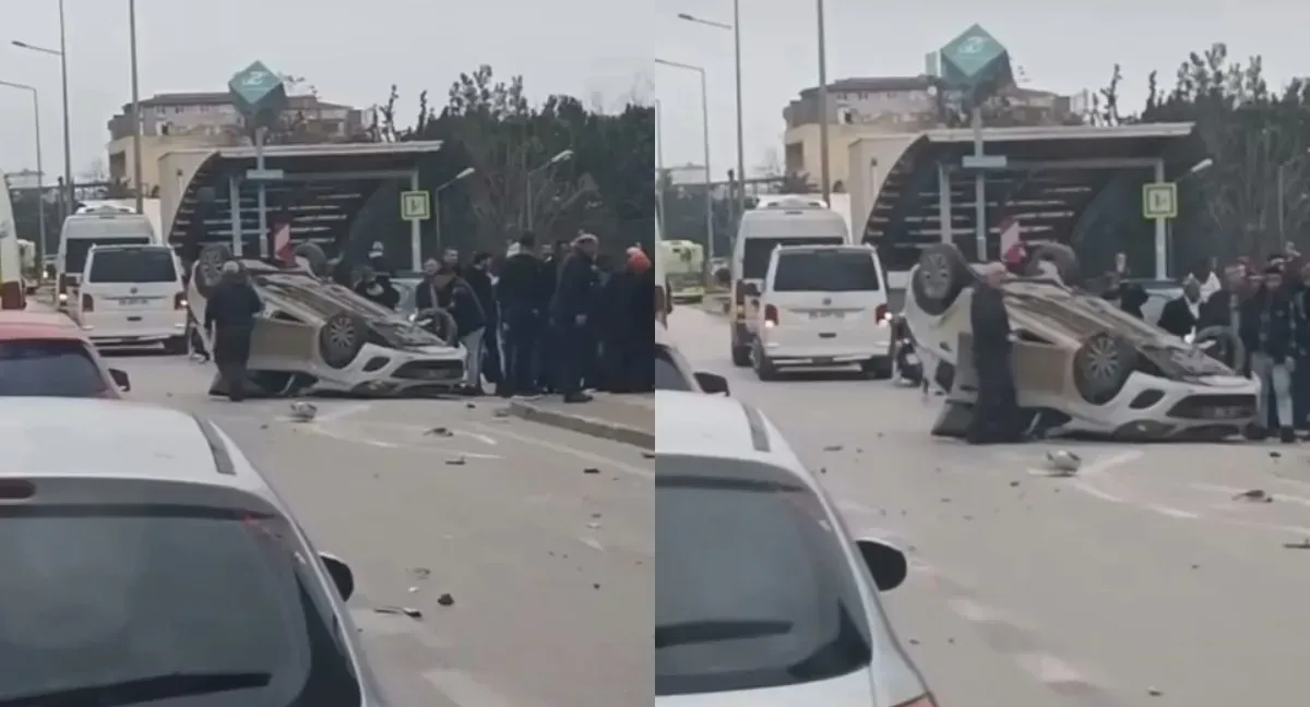 Bursa'da, sürücüsünün direksiyon hakimiyetini kaybetmesi sonucu bir otomobil takla attı.