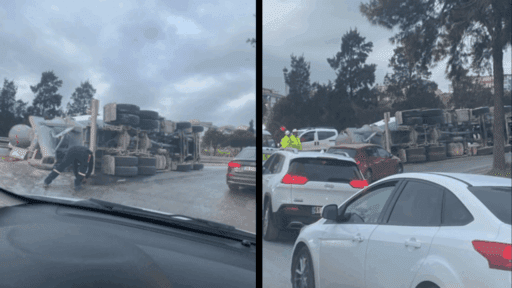 İzmir’in Bornova ilçesinde, varyant çıkışında bir beton mikseri devrildi. Olay,