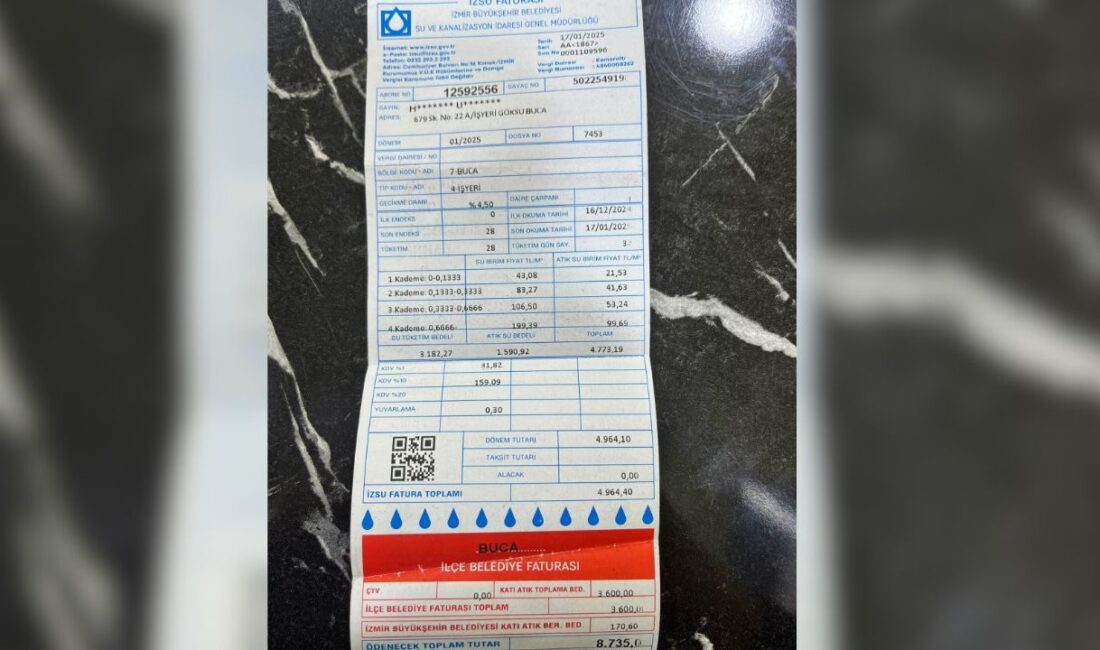 İzmir'in Buca ilçesinde, bir iş yeri sahibi, aldığı su faturasıyla