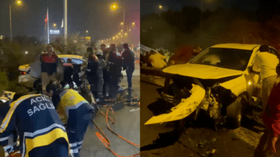 İzmir Çiğli’de otobanın başlangıç noktasında bir araç bariyerlere daldı. Bariyere