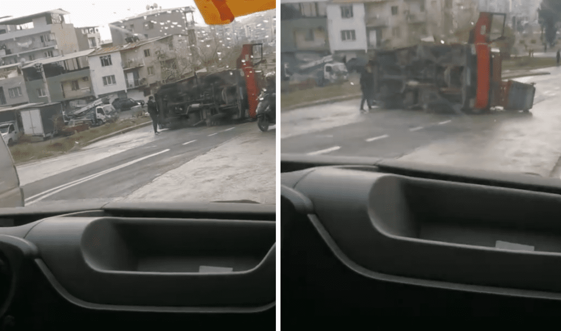 İzmir Bayraklı’da nakliye aracı devrildi: Sürücü yaralandı! İzmir’in Bayraklı ilçesinde otobandan Postacılar Mahallesi’ne inen yolda, zeminin kaygan
