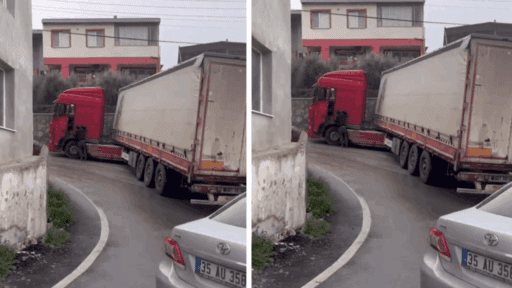 Kaygan yolda geri geri kayarak körüğü kitlenen bir tır, trafiği