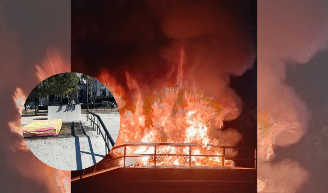 Hasanağa Bahçesi’nde bulunan paten alanında, ateş yakılması sonucu zemin ciddi