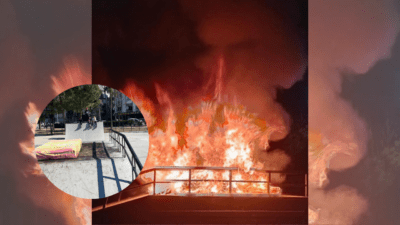 Hasanağa Bahçesi’nde bulunan paten alanında, ateş yakılması sonucu zemin ciddi