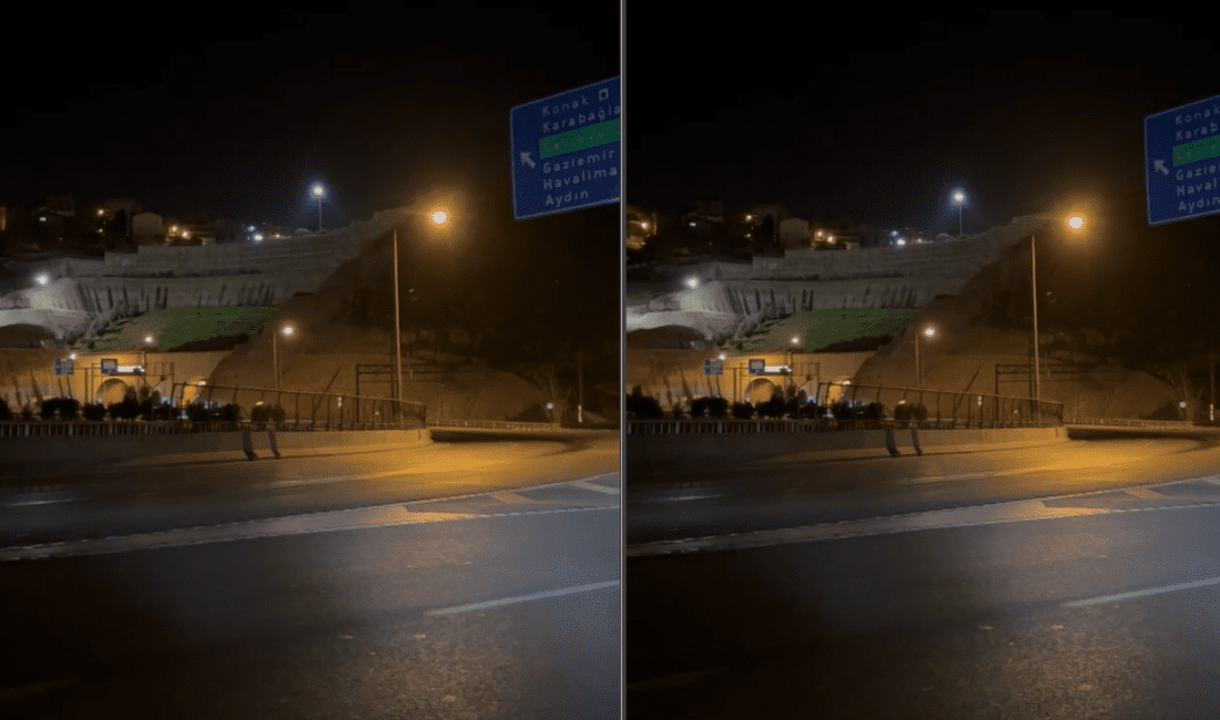 İzmir Konak Tünelleri mevkiinde, yolun orta şerit kısmındaki kayganlık sürücüler