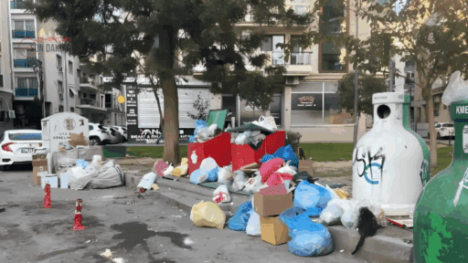 İzmir’in Karşıyaka ilçesi 6256. Sokak’ta çöp konteynerlerinden taşan çöpler, çevre