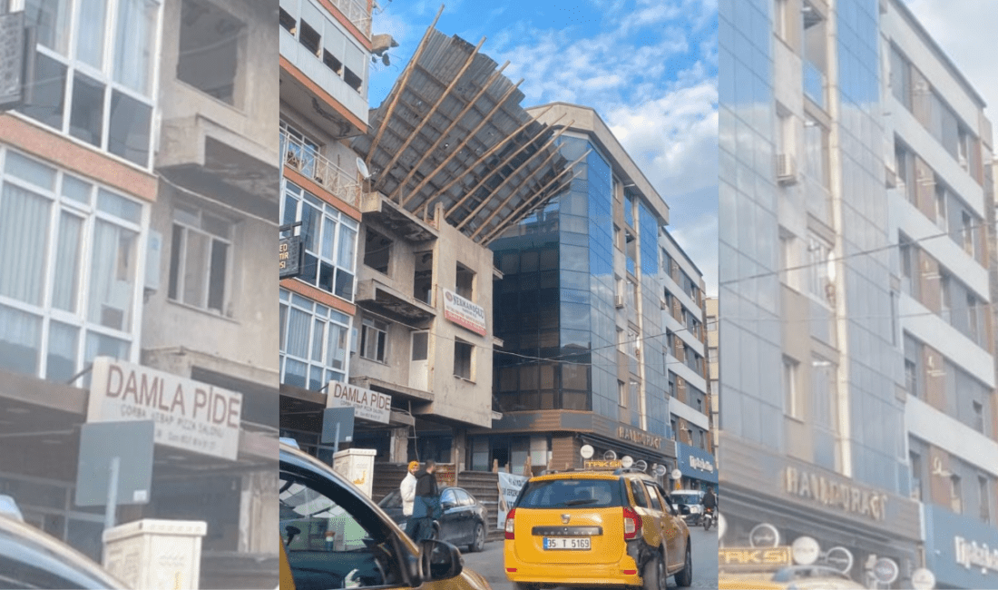 Karabağlar’da tahtalarla desteklenen çatı vatandaşları korkutuyor! İzmir’in Karabağlar ilçesinde, Eski İzmir bölgesinde bulunan bir binanın çatısındaki