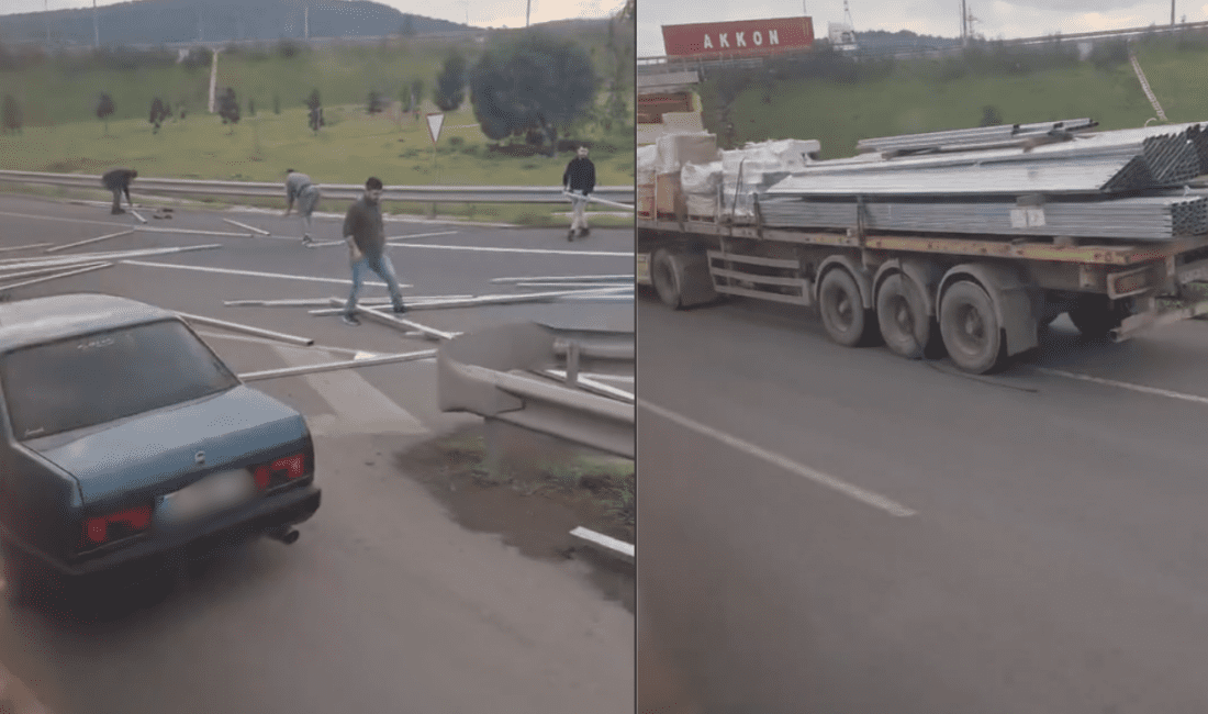 İzmir’in Aliağa ilçesinden Menemen istikametine giden bir tırın, kasasındaki demirler