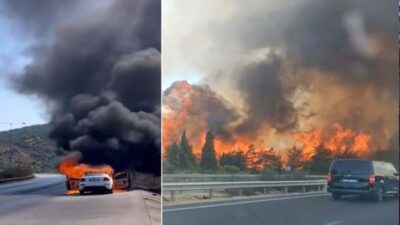 İzmir-Çeşme Otoyolu'nda bir otomobilde çıkan yangın, orman yangınına dönüştü. Bölgeye