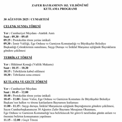 30 Ağustos Zafer Bayramı İzmir’de Coşkuyla Kutlanacak