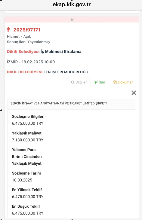 Dikili Belediyesi ihale sonuç