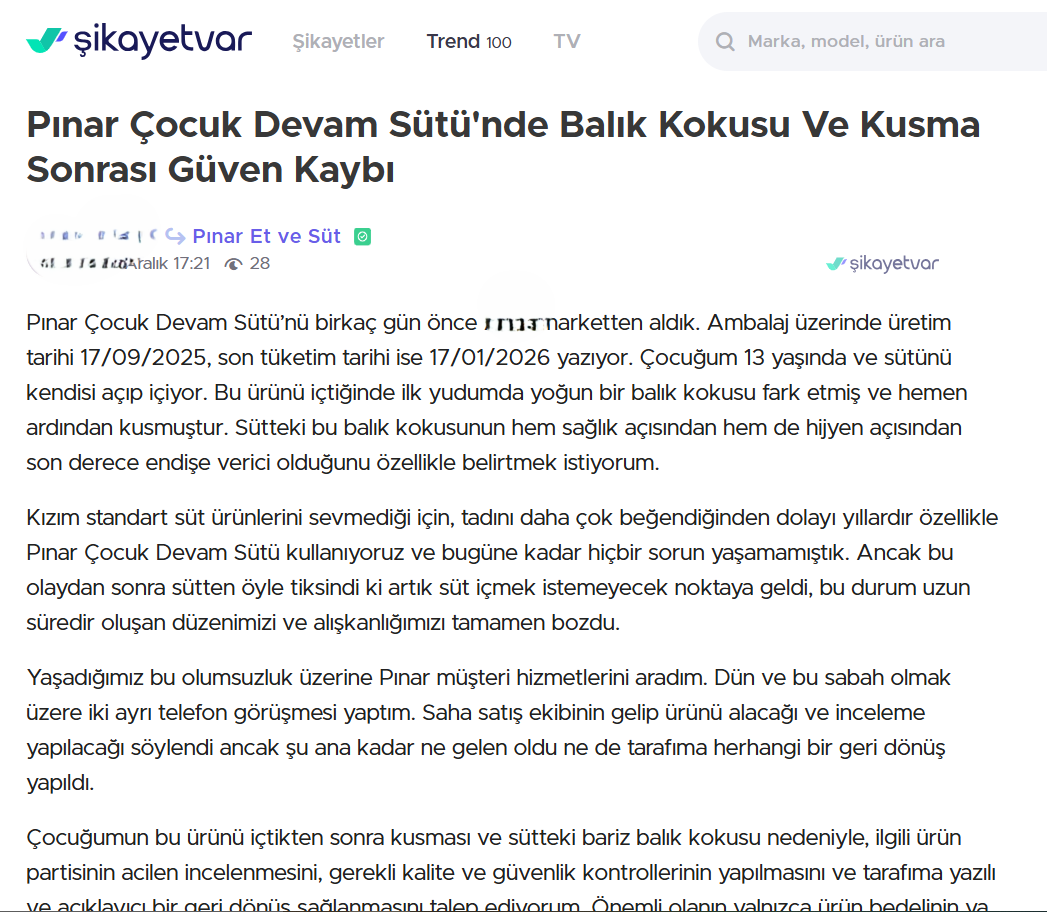 Pınar süt şikayetleri