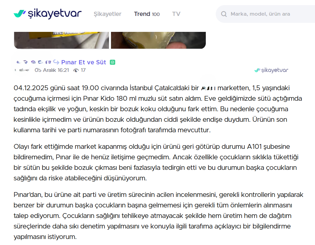 Pınar süt şikayetleri