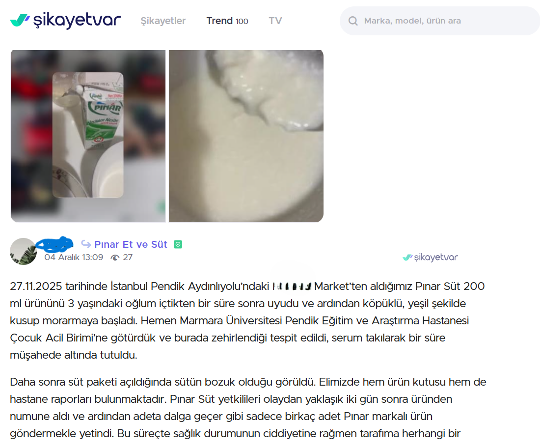 Pınar süt Şikayetleri